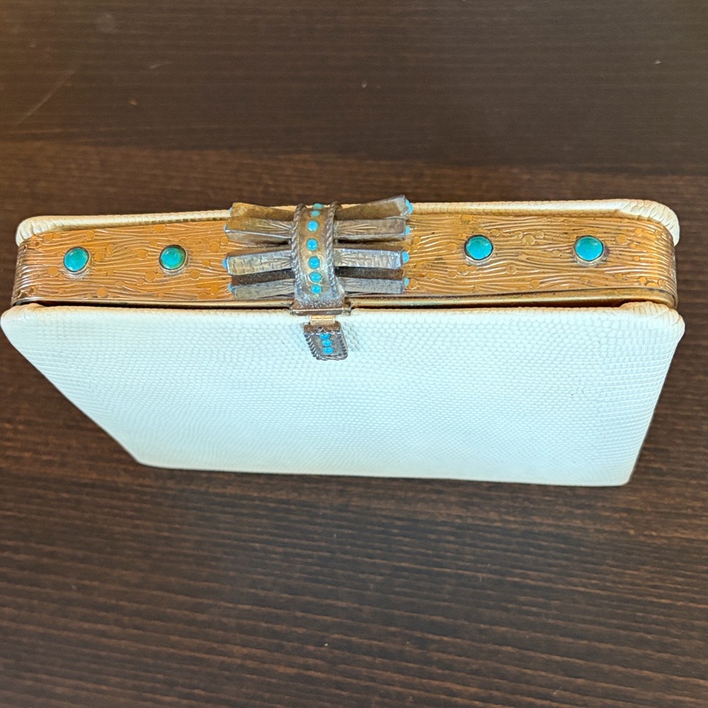 Vintage Cream Leather Clutch w/ Unique Frame